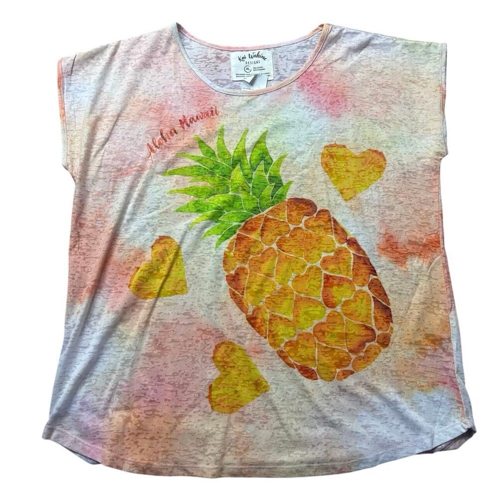 Kai Wahine XL Pineapple Tee NWT Hawaii Watercolor Print Vacation Tropical Top